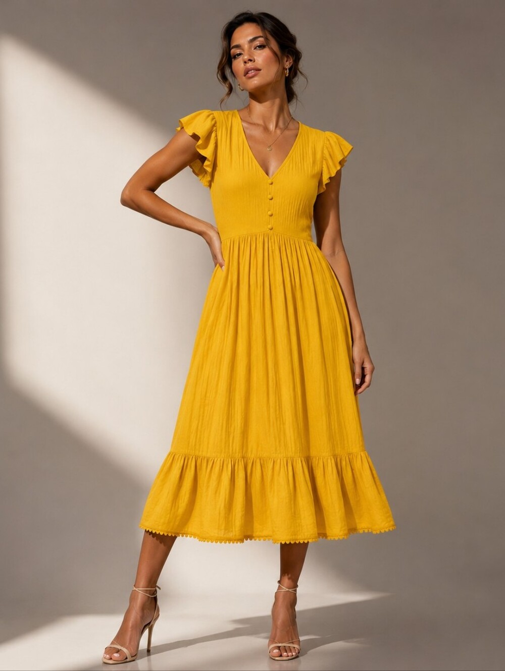 Time and Tru Mustard Yellow Cotton Tiered Hem Midi Dress Size S